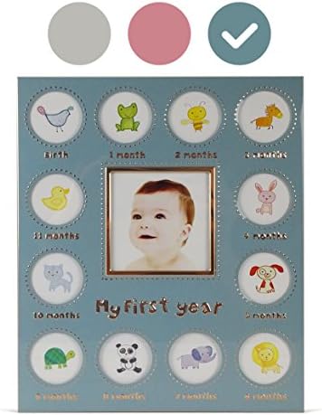 Baby's My First Year Picture Frame - Available In 3 Colors - Silver/Blue/Pink - Larger Collage Picture Openings (Blue)