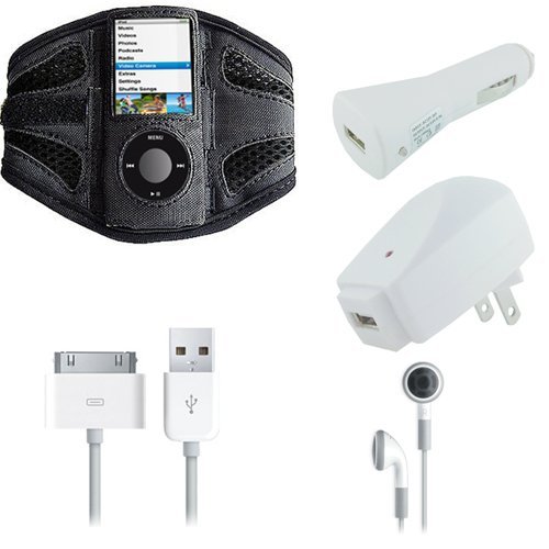 Apple iPod Nano 5G (Video Recorder) Black Mesh Neoprene Sports Armband w/ USB 2in1 Sync and Charging Data Cable, USB Car Charger, USB Wall / Travel Charger, & Earphone / Headphones