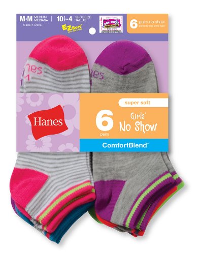 Hanes Girls` Fashion ComfortBlend® No Show Socks 6-Pack