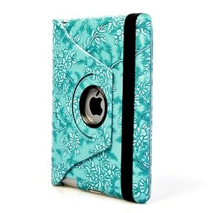 ATC Blue Polyurethane Embossed Flowers Leather Notebook Magnic Smart Carrying Cover Bag Case Protector Folio Adjustable Stand for all 2nd Generation iPad 2 Tablet (3G / WiFi model 16GB, 32GB, 64GB)