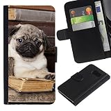 GIFT CHOICE / SmartPhone Cell Phone Leather Wallet Case Protective Cover for Samsung Galaxy S6 // Pug Book Library Cute Puppy Smart Dog //