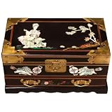 Handmade Oriental Black Lacquer Mother Of Pearl Jewelry Box With Mirror & Felt Lining