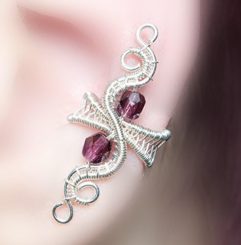 Purple and Silver wire wrapped EAR CUFF with czech glass crystals