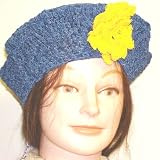 Hand Crocheted Denim Color Rayon Cotton Gimp Donna Klein Beret Trimmed with Crocheted Bright Yellow Gimp Rosette for Women and Teens