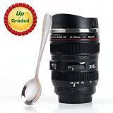 Coffee Mug - Camera Lens Travel Thermos - Stainless Steel Insulated Cup with Easy Clean Lid - 13.5oz - Black - Go with Premium Stainless Steel Spoon Bonus_uHome
