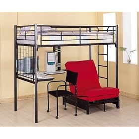 Black Finish Metal Bunk Bed w/Futon Desk Chair CD Rack