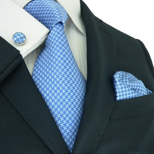 Landisun 11A Blues Solids Mens Silk Tie Set: Tie+Hanky+Cufflinks Exclusive