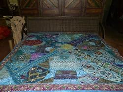 Designer Bedspread India Beaded Throws Tapestry Blue Queen Size Bed Cover 80x80
