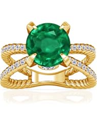 18K Yellow Gold Round Cut Emerald Ring With Sidestones