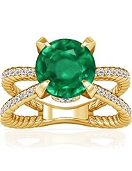 14K Yellow Gold Round Cut Emerald Ring With Sidestones