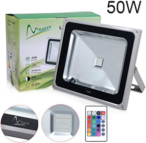 Drmus 50W RGB Floodlight Waterproof Outdoor Security LED Spotlight High Powered RGB Color Change with Remote Control AC85V-265V