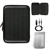 Black Carbon Fiber Durable Slim Protective Eva Storage Cover Cube Carrying Case with Mesh Pocket for For Amazon Kindle Touch ( Wi-Fi 6 E Ink Display ) + 3.5mm pin to 3.5mm 3ft Black Cable for Audio plug in Cable with Microphone