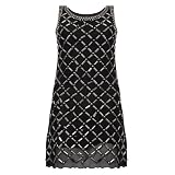 New Womens Black Silver Metallic Beaded Geometric Design Embellished Sleeveless Shift Chiffon Style Short Mini Shift Ladies Evening Party Cocktail Dress Size 8-14
