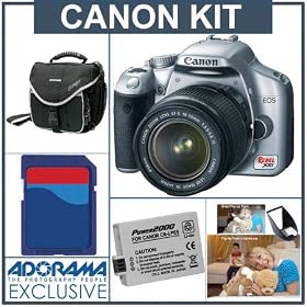 Canon Digital Rebel XSi SLR Camera/ Lens Kit Chrome with EF-S 18-55mm f/3.5-5.6 IS Lens, 4 GB SD Memory Card, Spare LP-E5 Lithium-Ion Rechargeable Battery, Camera Case Slinger Camera Bag, Professor Kobre's Lightscoop