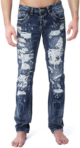 JKFUN Men's Designed Straight Regular-Fit Ripped Denim Jean Color Blue Size 30