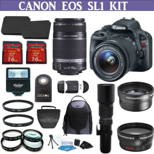 Canon EOS Rebel SL1 Digital SLR Camera 9 Lens Outfit with EF-S 18-55mm IS STM Lens & EF-S 55-250mm IS Lens & 500mm f/8.0 Telephoto Lens & .43x Wide Angle Macro Lens & 2.2x Telephoto Lens & 4 Piece Close-Up Macro Lens Set + 32GB Memory + Battery + Case + Flash + Accessory Kit + 33 Street Camera 3 Year Warranty On Sale