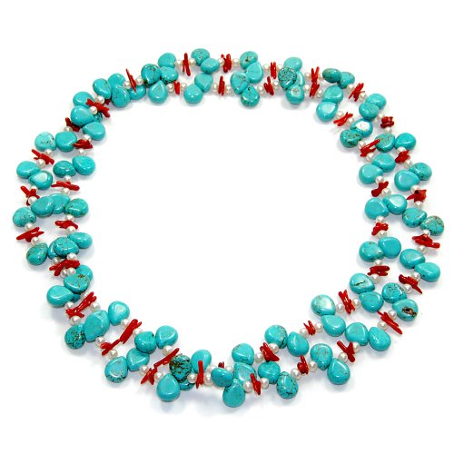 Single Strand Turquoise, Freshwater Pearl and Branch Coral Endless Necklace 36\