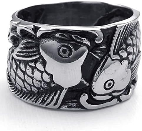 Mygoodie Jewelry Mens Stainless Steel ring, Vintage Carp Fish, Black Silver