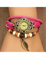 Fashion Weave Starfish Around Starfish Leather Bracelet Lady Woman Wrist Watch + Gift box (Red)