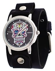 Nemesis #GB925K Womens Rock Collection Sugar Skull Black Wide Leather Cuff Band Watch