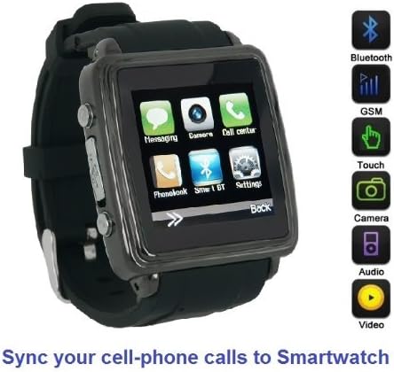 SmartWatch (Black Case & Black Strap) : Smartwatch (Sync calls to iPhones,Android Phones,Bluetooth Phones).Quad-Band GSM Bluetooth Cell Phone,Music&Video Multimedia Player,FM radio,Camera.(Includes 8GB Flash,& Micro/Nano-to-Mini SIM Card Adapters)