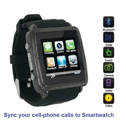 SmartWatch (Black Case & Black Strap) : Smartwatch (Sync calls to iPhones,Android Phones,Bluetooth Phones).Quad-Band GSM Bluetooth Cell Phone,Music&Video Multimedia Player,FM radio,Camera.(Includes 8GB Flash,& Micro/Nano-to-Mini SIM Card Adapters)