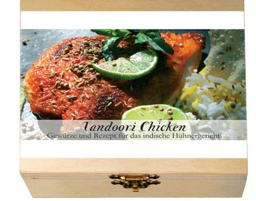 Gaumenfreude - TANDOORI CHICKEN Gewürzset und Rezept für das indische Hühnergericht. 8 Gewürze befinden sich in einem dekorativen Holzkasten. -- Beinhaltet die Geschichte des Gerichtes, eine Inhaltsbeschreibung der Gewürze, das Originalrezept und eine Einkaufliste. Ein ideales Geschenk für Kochkünstler & Hobbyköche, solche, die es werden wollen und alle, die neugierig auf fremde Welten sind. Maße: 11,4 x 9,5 cm, 3,4 cm hoch