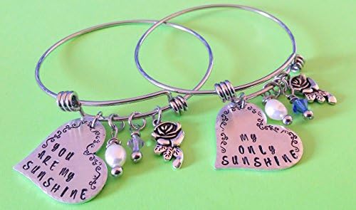 Mother and Daughter Bangle Bracelets | You Are My Sunshine - My Only Sunshine | Fresh Water Pearl &amp; Wire wrapped Swarovski Crystal Charms