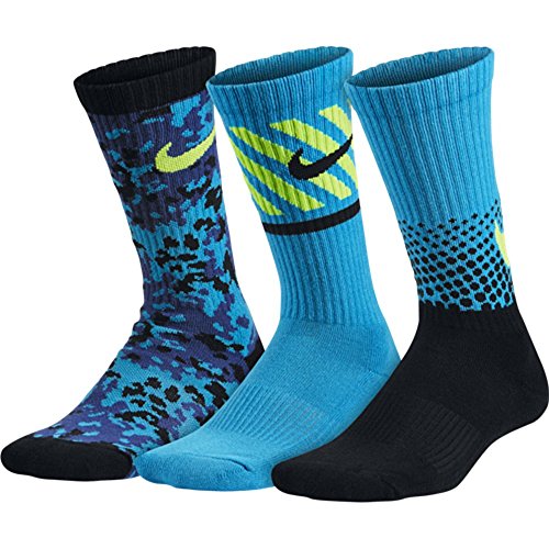 Nike Boys Graphic Cotton Cushion Crew 3 Pack Sock (Blue, Light Blue, Black, Volt)