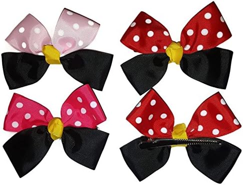 Set of 4 Polka Dot and Black Hair Bows on Gator Clips inspired by Minnie Mouse Red Pink Hot Pink