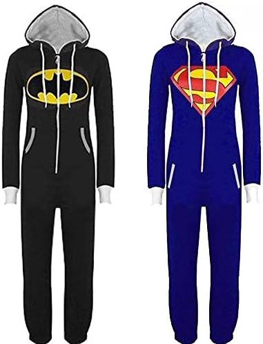 SSCUN Womens Men Batman or Superman Print Hooded Zip Front Jumpsuit Black M