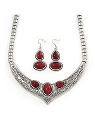 Ethnic Burn Silver Hammered, Burgundy Red Ceramic Stone Necklace With T-Bar Closure & Drop Earrings Set - 40cm Length