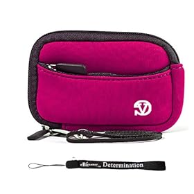 MAGENTA WITH BLACK TRIM Neoprene Protective Durable Mini Glove Pouch For Sony Alpha Series NEX-5 / NEX-C3 Point And Shoot Digital Camera + Includes an eBigValue TM Determination Hand Strap