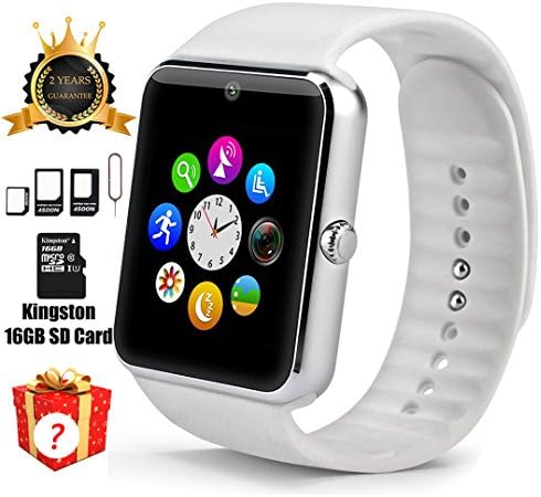 Smart Watch GT08 Bluetooth with 16GB SD Card and SIM Card Slot for Android Samsung S5 S6 Note 4 5 HTC Sony LG and iPhone 5 5S 6 6 Plus Smartphones (White)
