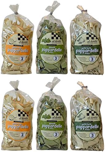 Al Dente Artisanal Pappardelle Pasta Variety Sampler - Golden Egg, Spinach, Garlic Herb (Pack of 6)