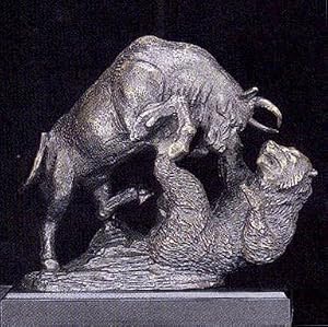 Bull & Bear Fight, Solid Bronzed Metal Sculpture