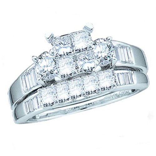 10k White Gold Princess & Round Diamond Ladies Bridal Ring Set Engagement Set (1.00 cttw, I-J Color, I1 Clarity)