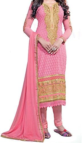Reet Glamour Women's Georgette Unstitched Embroidered Straight Churidar Suit Free Size Salmon Golden