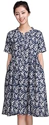 Floral Print Short Sleeves Cotton/Linen  Dress
