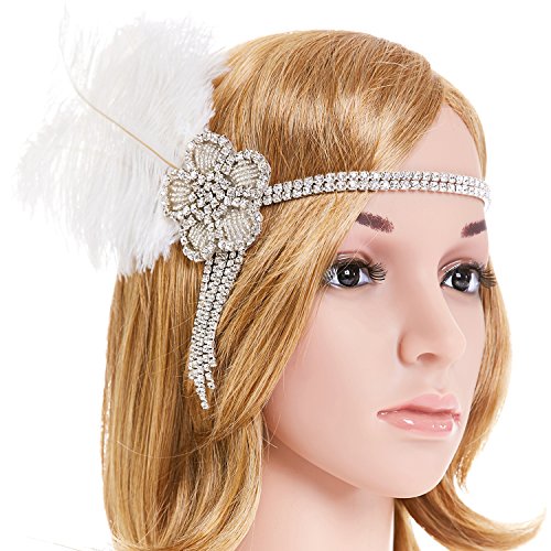 eforpretty 1920s Vintage Rhinestone Flower Flapper headband Headpiece with White Feather