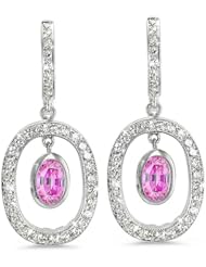 Duo Oval, Vintage Diamond Earrings In 18K White Gold With A 1.00 ct. Genuine pink-sapphire Center Stone.
