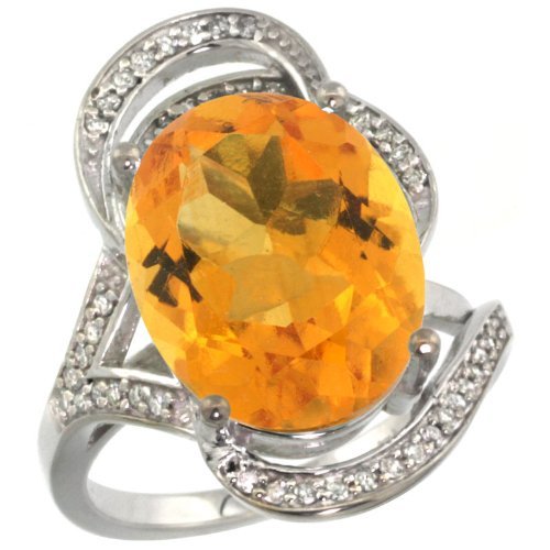14k White Gold ( 16x12 mm ) Large Stone Engagement Citrine Ring w/ 0.23 Carat Brilliant Cut Diamonds & 9.0 Carats Oval Cut Stone, size 9.5
