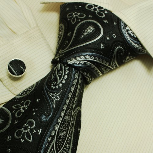 Black Pattern Mens Neck Ties White Paisley Valentine Handmade Silk Neck Ties Cuff Links Set 6637