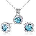 Celebrity Inspired 3.75 carats Cushion Checkerboard Cut London Blue Topaz Pendant Earrings Set in Sterling Silver