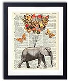 Elephant With Butterflies (#1) Upcycled Vintage Dictionary Art Print 8x10