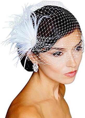 Aliya: White Fan Shaped Feather Clip & Birdcage Veiling Bridal LV21FT63 Leslie Li