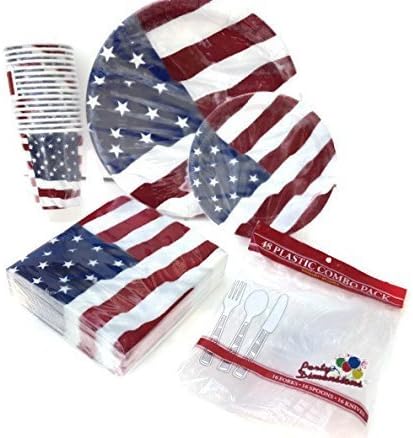 Complete 4th of July Patriotic American Flag Party Supplies Bundle. Serves 15 People. Contains 5 Items: 15 Large Dinner Paper Plates, 40 Appetizer and Dessert Plates, 50 Luncheon Napkins, 16 Cups and Set of 48 Clear Plastic Utensils Including 16 Spoons, Forks and Knives.