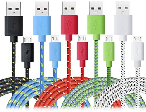iForever 5PCS 2M/6ft Durable Nylon Braided Micro USB 2.0 Charging and Sync Data Charge Cable Cord Charger for Samsung, Android, Google Nexus, LG, Motorola, HTC, Nokia (Black White Red Blue Deep Blue)