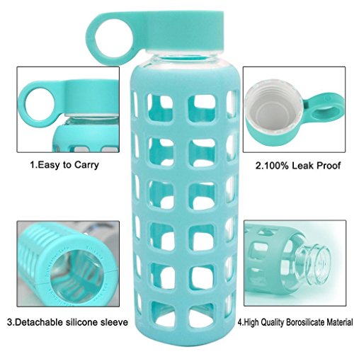 Sportsun Glass Water Bottle with Silicone Protection Sturdy and Lightweight for Hiking Camping Backpackers, 100% Leak Proof, Turquoise Color