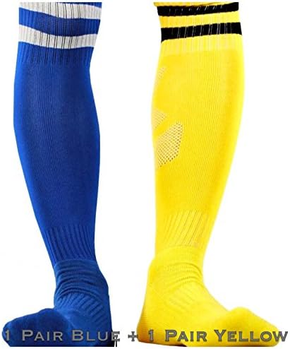 SpankY Men's Athletic Performance Cushion Over-the-Calf Socks Double Striped 2 Pack (Blue & Yellow)